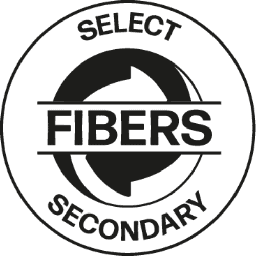 Black and white circular logo for Select Fibers Secondary, featuring bold text and graphic elements representing fiber selection. Suitable for paper and card branding.