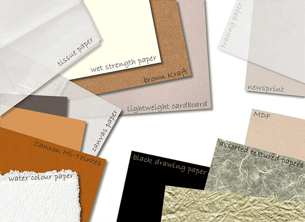 Vibrant collection of handmade and textured papers including tissue, kraft, watercolor, and cardboard for creative stationery and craft projects.