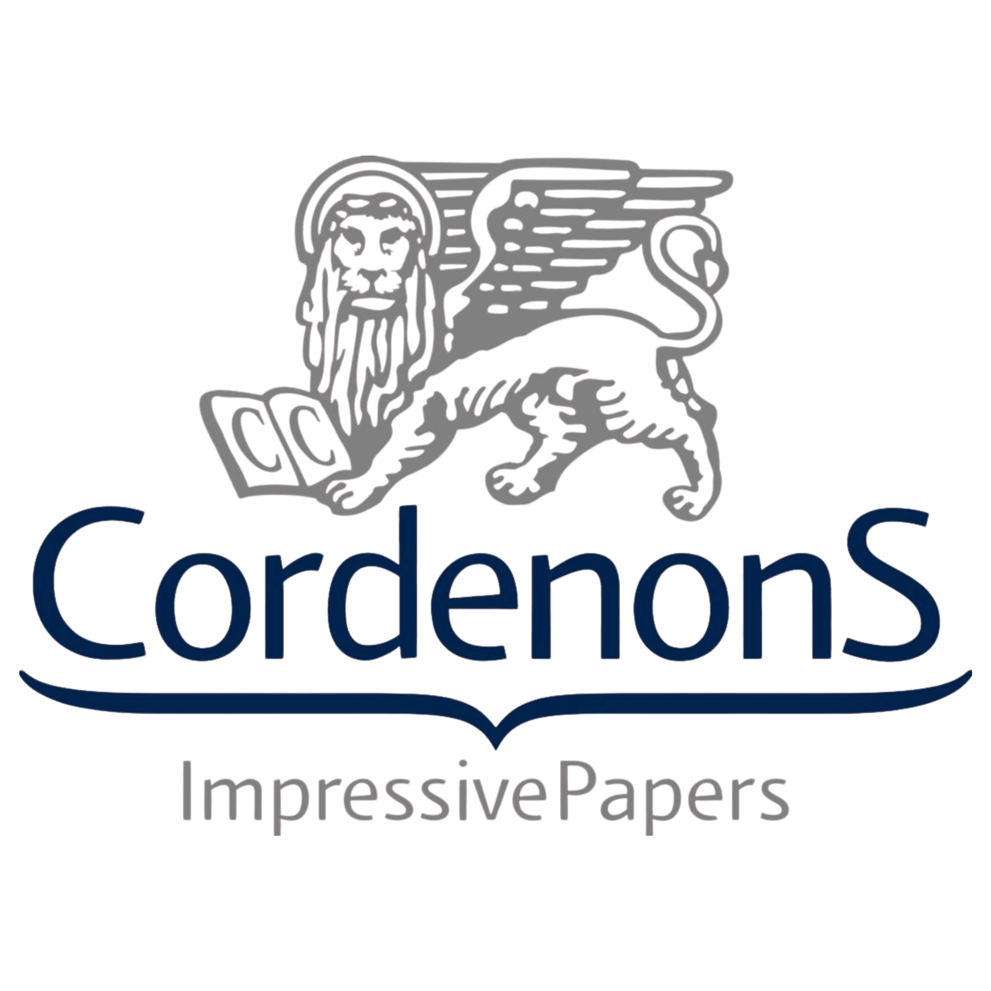 Elegant lion logo with open book and wings, representing CordenonS Impressive Papers, a premium paper and card brand known for quality and sophistication.